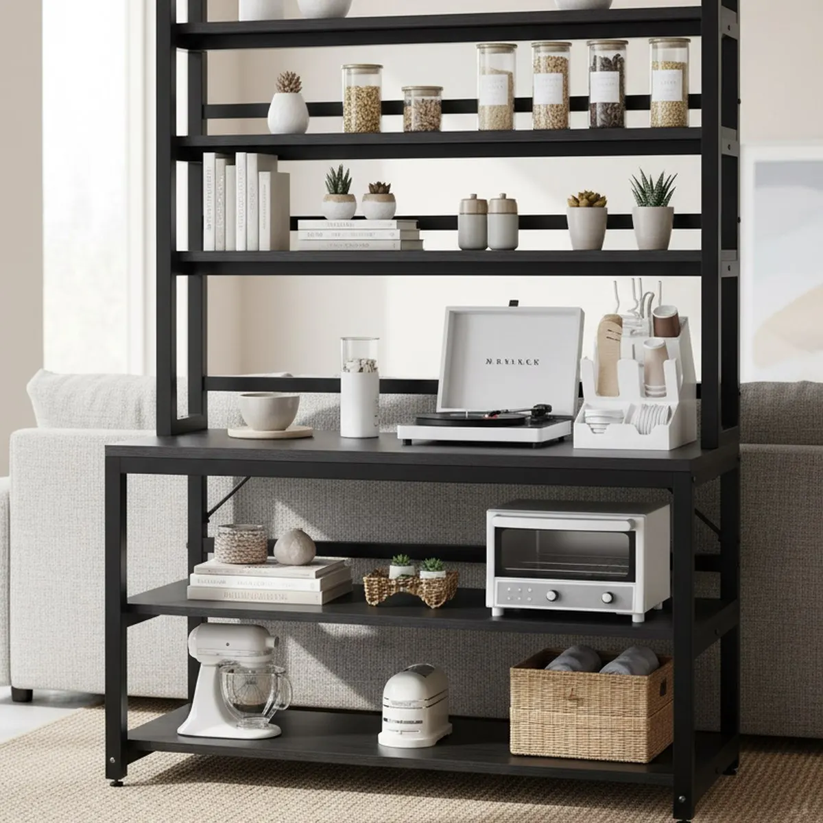 47 Inch Wide 6 Tier Kitchen Storage Rack Freestanding Bakers Shelf Organizer Black Metal