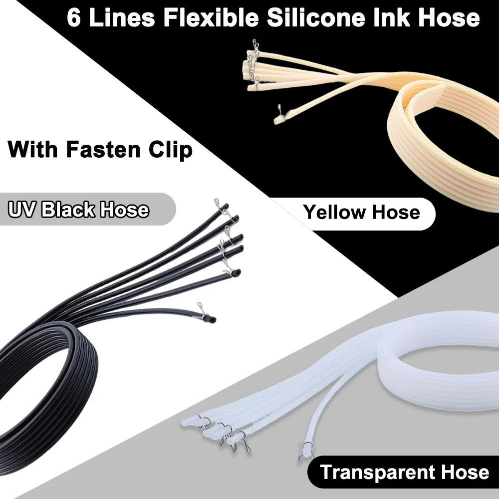 ท่อหมึกซิลิโคนแบบยืดหยุ่น 1 เมตร 6 เส้น วัสดุทนการกัดกร่อน พร้อมคลิปยึด ป้องกันการรั่วไหลของหมึก/อากาศ