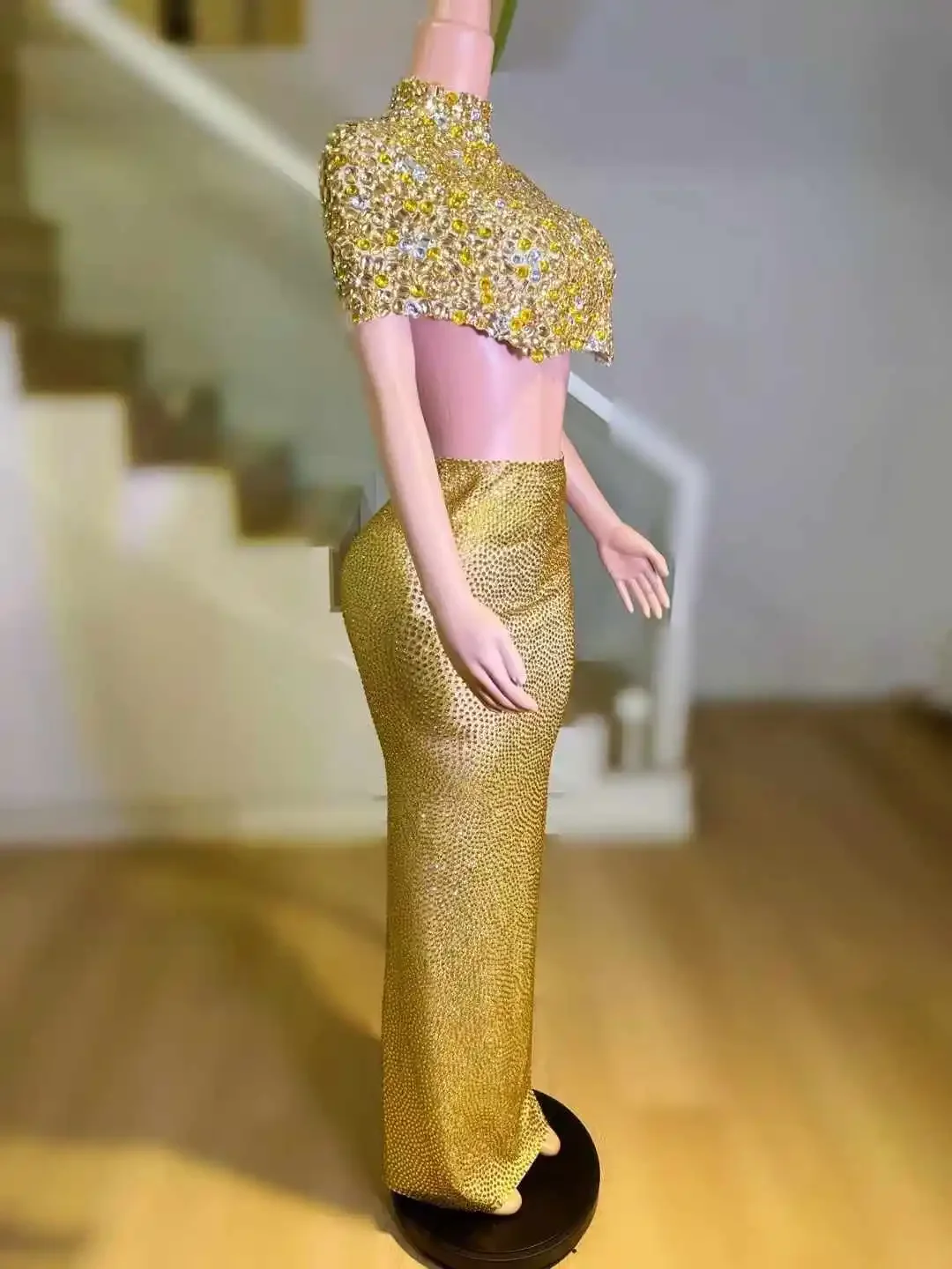 여성용 골드 2피스 크리스탈 탑과 풀 라인스톤 스커트 세트, 이브닝 파티, 생일, 사진 촬영 소품, 무도회 축하용