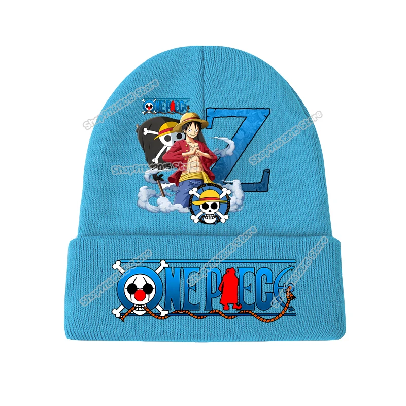 Berretti invernali One Piece Rufy Anime Lettera AZ Berretti lavorati a maglia per bambini Ragazza Ragazzo tenere al caldo cappelli a cuffia stampa Berretti a maglia per bambini