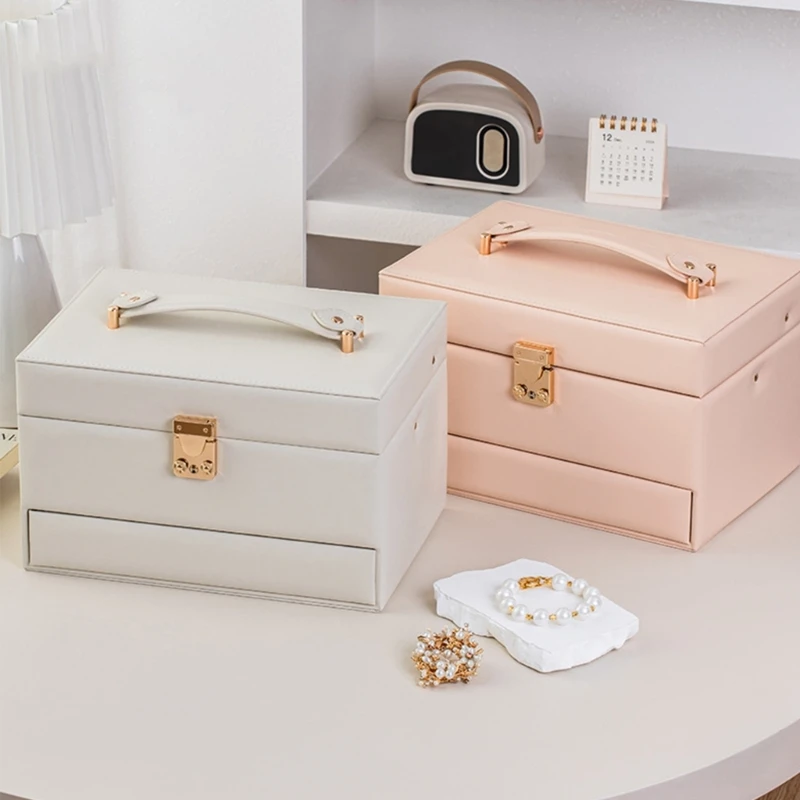 

3XUA Auto Opening Multiple Layer Jewelry Box Leather Travel Case For Rings Earrings Necklaces Spacious Storage Compartments