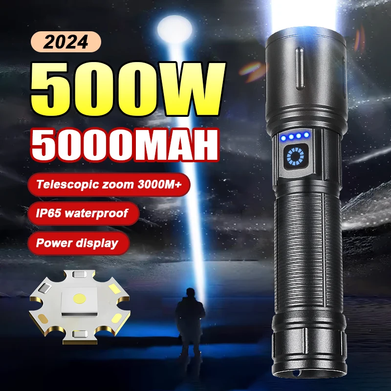 500W Most Powerful Flashlight Telescopic Zoom 3km Ultra Powerful Torch Tactical Lantern High Power Rechargeable Led Flashlight