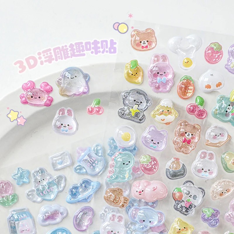 50pcs 3D Cute Cartoon Crystal Stickers,Transparent Jelly Resin Sticker, Girl's Children Goo card for Phone Case Decor Korea Guka