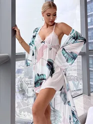 Summer Lace Kimono Bathrobe with Dress for Women, Hawaiian Print Bridal Robe Nightdress Open Side Long Night Gown