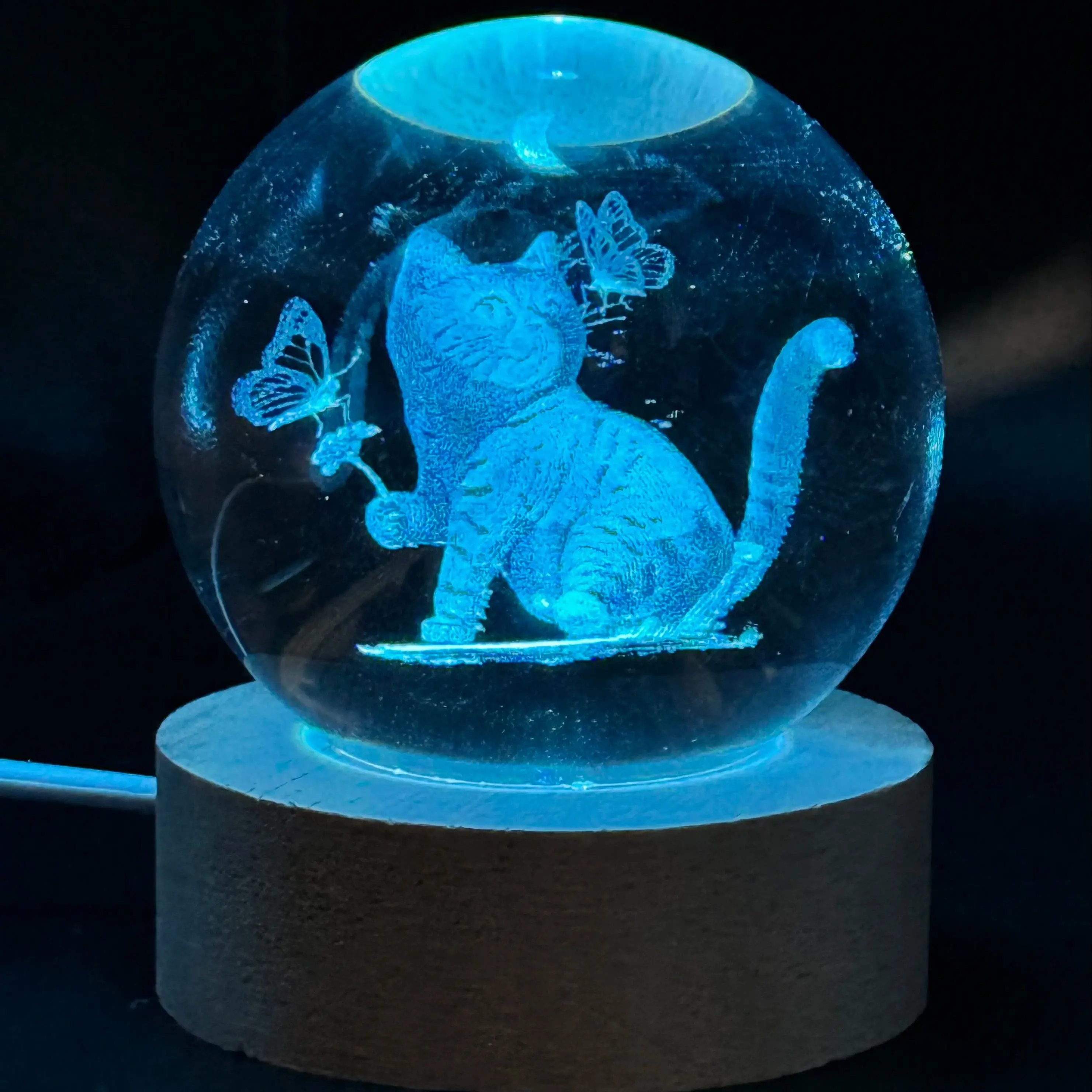 1pc 3D laser engraving ‌‌‌‌‌‌‌ butterfly voice cat song, crystal ball night light, modern polished glass decoration, Christmas,