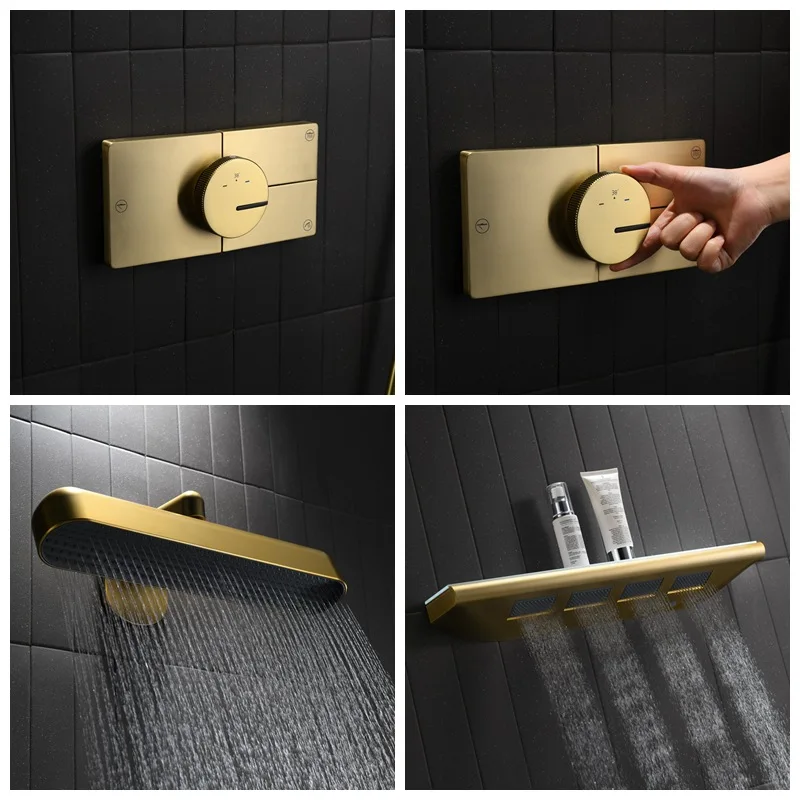 FARRETE high-end all-copper concealed thermostatic shower head, brushed gold storage, pressure-increasing button shower head set