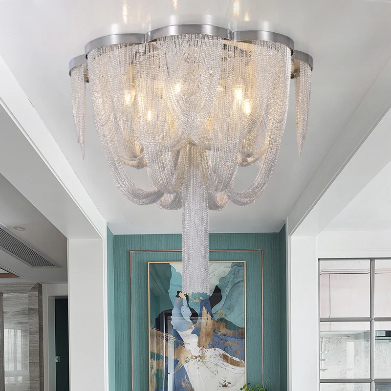 Exquisite Ceiling Light Chain Pendant Light Ceiling Aluminum Chain Led Lighting Circular Chrome Living Room Chrome Gloss Light