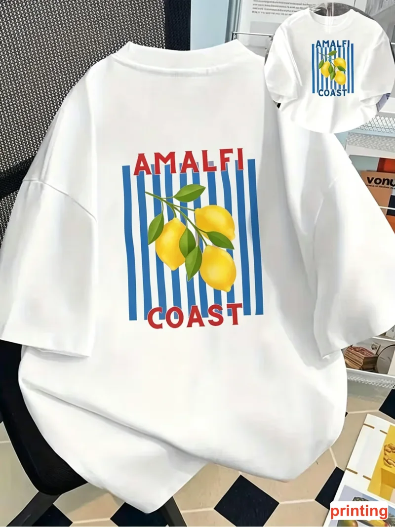 Amalfi Coast Lemon Print T-shirt Crew Neck Short Sleeve Summer Graphic Tee Ideal For Casual Daily Street Outfit Lady's tops