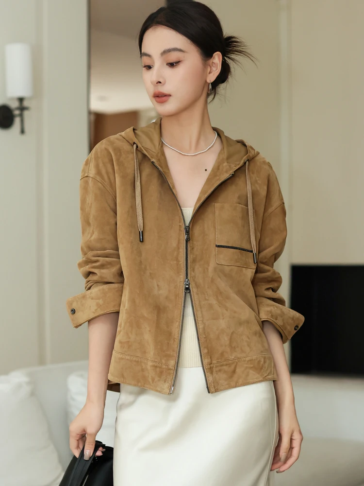 

Casual Hooded Genuine Leather Suede Jackets for Women Spring Autumn 2026 New High-end Simple Vintage Short Real Sheepskin Coat