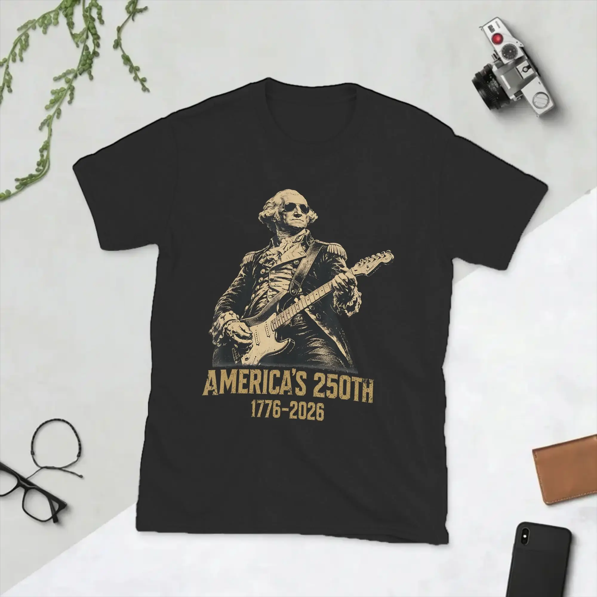 Men's T-Shirts America 250th George Washington Rock Guitar Music 1776 Pure Cotton Tees Short Sleeve  T Shirt O Neck Tops Gift