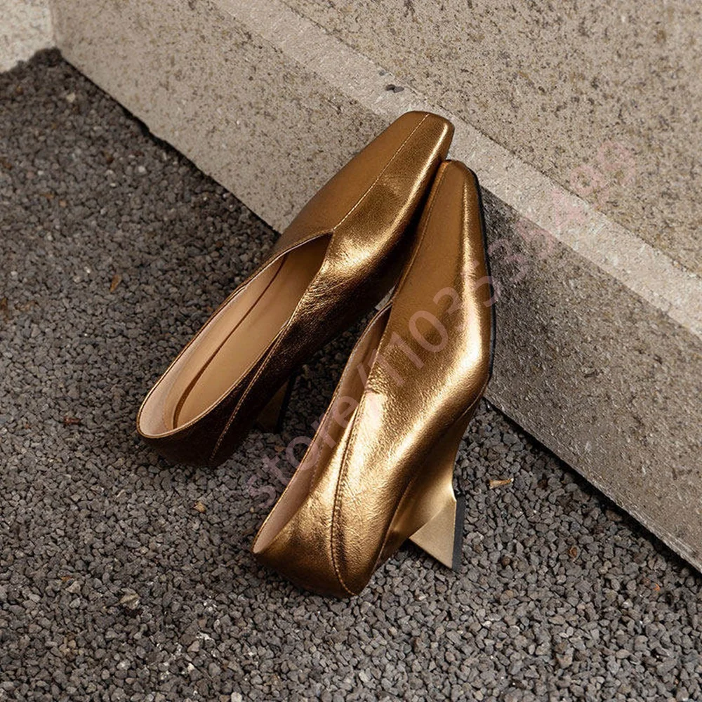 2026 Summer New Metallic Pumps Women Square Toe Special Geometric Heel V Cut Slip On Elegant Evening Party Dress High Heels