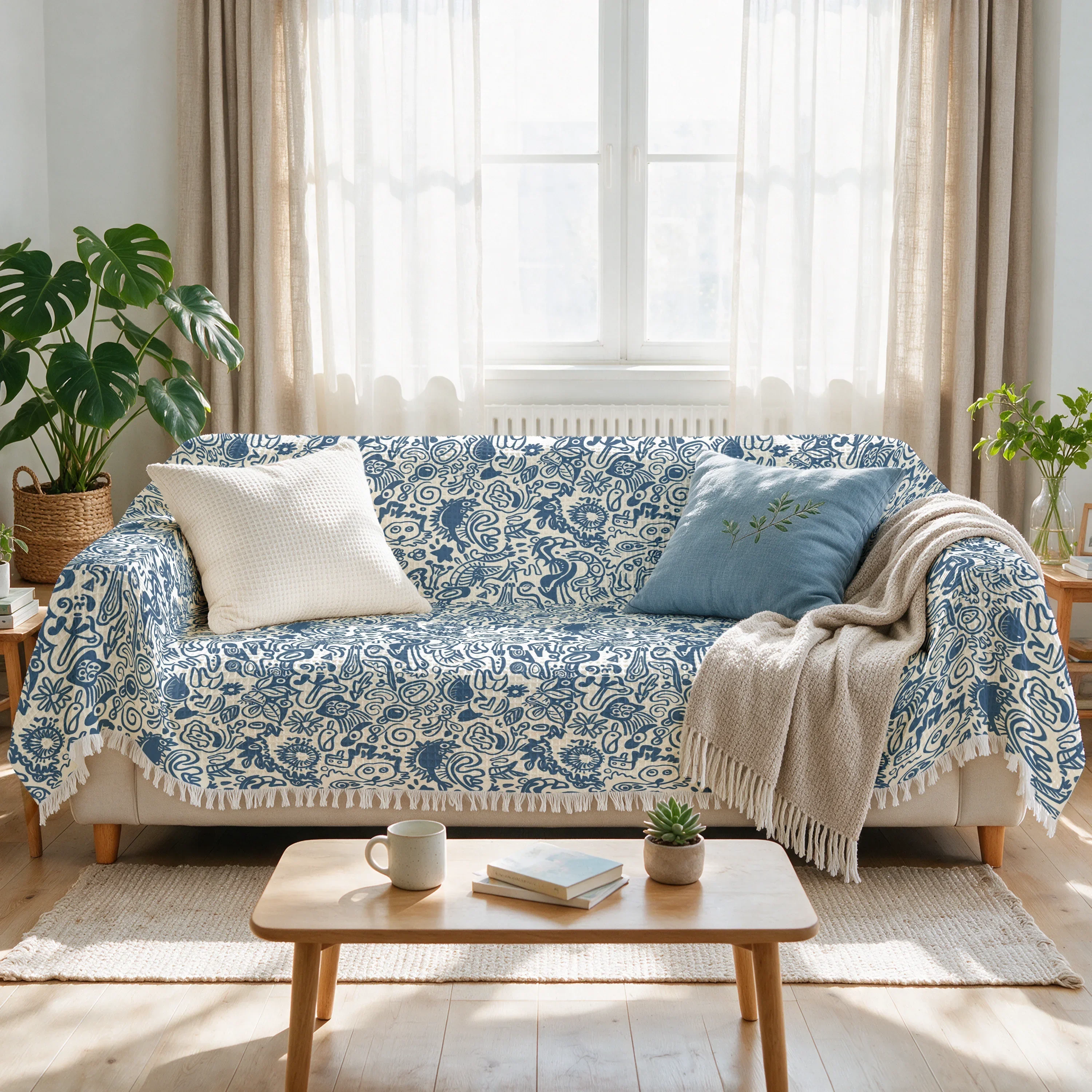 yesLuxurious Blue and White Patterned Sofa Cover Slip Throw Blanket Couch Protector for Living Room Decor Cushion Washable Bohem