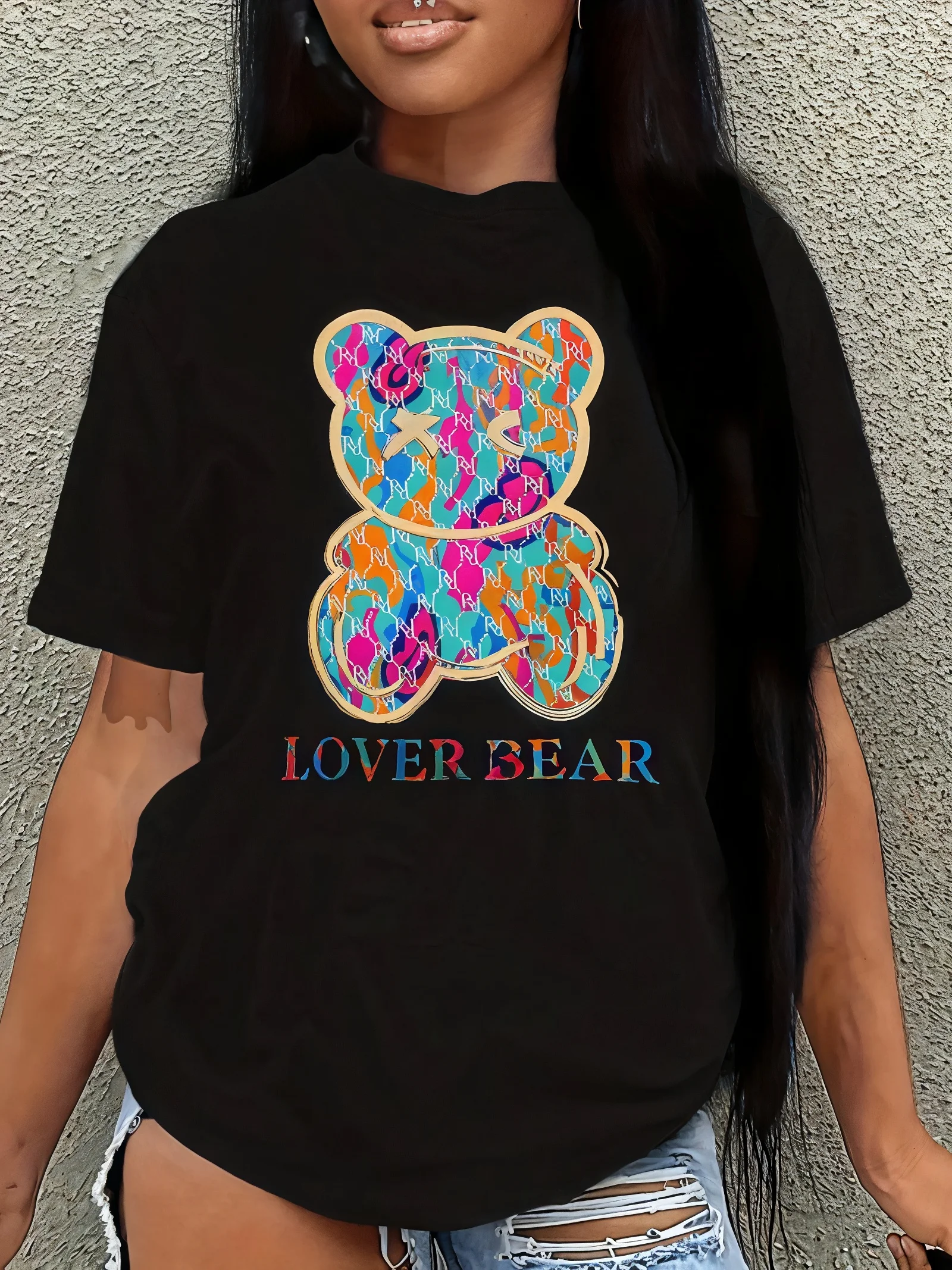 

New Fashion Bear Print Oversize Lady T Shirts Harajuku Short Sleeve Top Tees Casual Loose Plus Size Summer T Shirts for Women