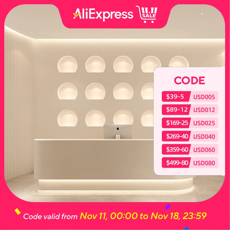 مكاتب الاستقبال في متجر الملابس، شعار Led، مكاتب الاستقبال الأمامية لأمين الصندوق باللون البيج، تصميم المطاعم، مكتب الأثاث Theke