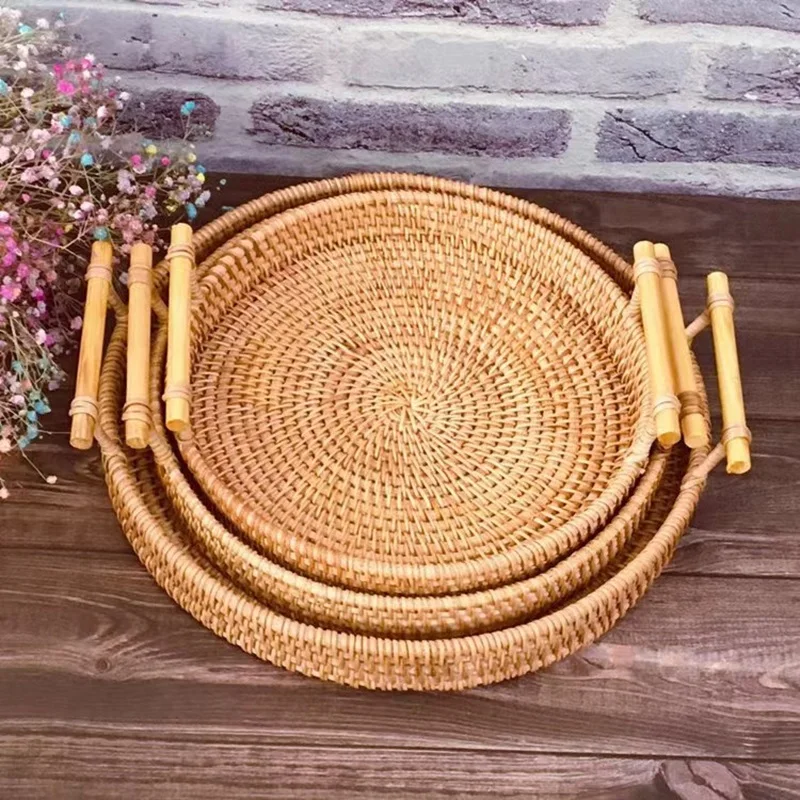 Handwoven Rattan Storage Tray with Wooden Handle Picnic Basket Bread Food Plate Snacks Fruit Cake Platter Dinner Serving Tray