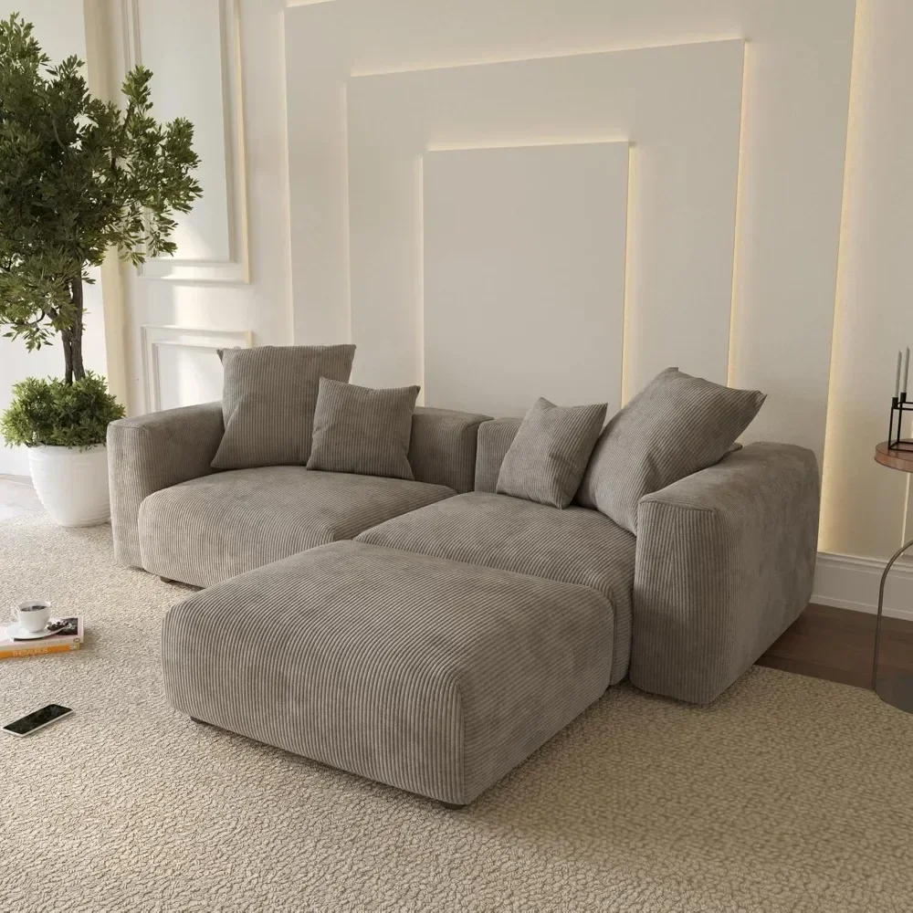 L Modular Sectional Sofa Couch,102-inch Oversized LoveSofa,1 Ottoman Upholstered with Corduroy Fabric Couches with 4 Pillows