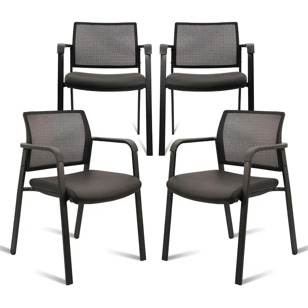 Mesh Back Ergonomic Desk Chair with Leather Seat, Stackable, No Wheels, Ideal for Conferences, Waiting Areas, Schools, Set of 4,