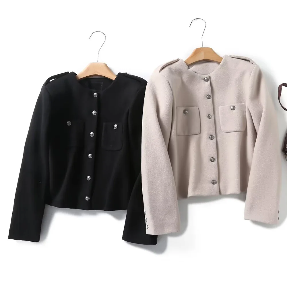 

Women 2023 Winter New Fashion Solid Color Pocket Short Jacket Retro Long Sleeve Chic Round Neck All-match Top Outerwear Mujer