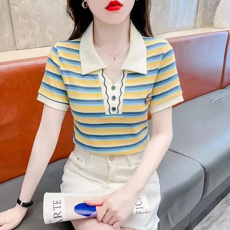 Color blocking striped short sleeved T-shirt Korean version women's summer new fashion polo collar casual commuting top