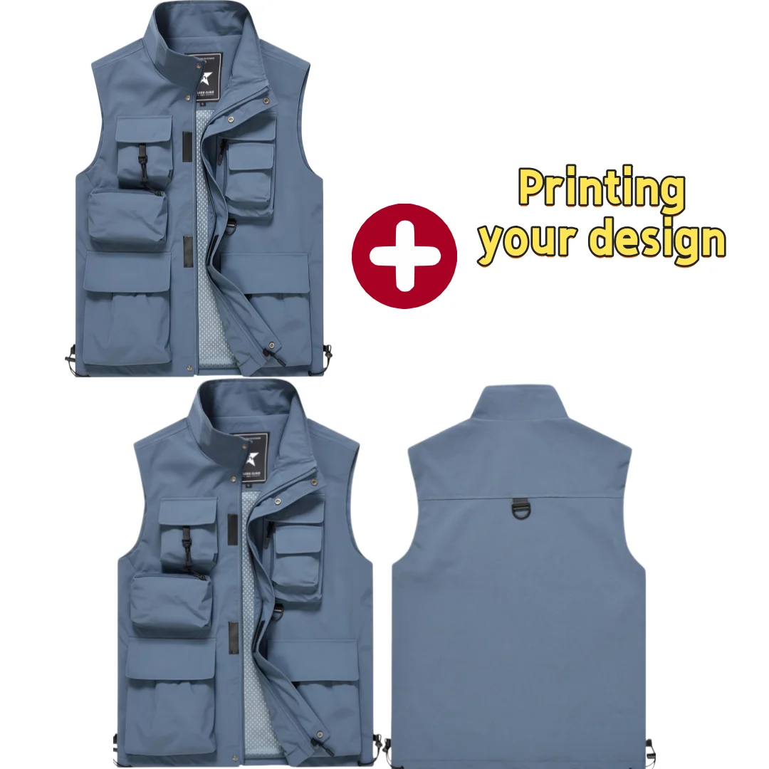 Printing LOGO Men's Outdoor Tooling Multi-Pocket Casual Outdoor Fishing  Vest with Vertical Collar Breathable Quick-drying Vest