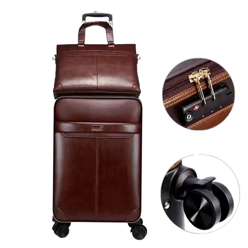 프리미엄 가죽 롤링 수하물 세트 스피너 24 인치 레트로 남성 비즈니스 휠 가방 20 인치 캐빈 암호 트롤리 가방