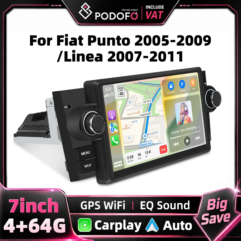 Podofo Carplay Android Auto Autoradio 4GB 64GB Android Multimedia Player mit GPS Bluetooth FM RDS Empfänger für FIAT Punto 2005-2009 Linea 2007-2011 Auto-Audiosystem-Upgrade