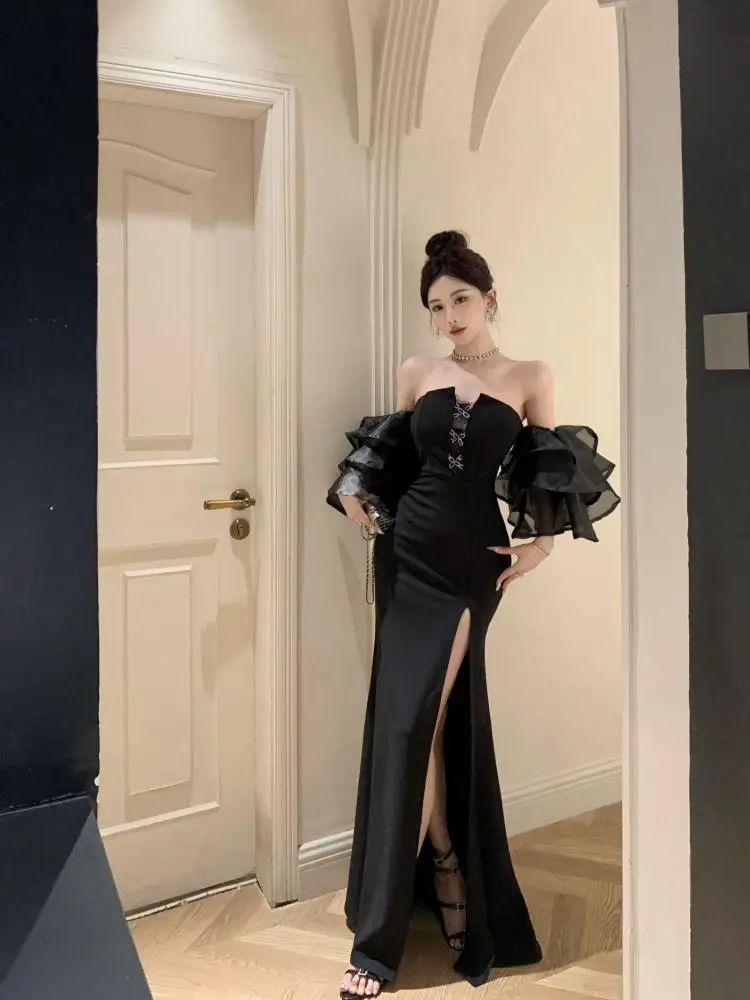 

Vintage Autumn Black Sexy Off-shoulder Flared Sleeves Slim Long Dress Women's Off Shoulder Backless Party Strapless Split Dress