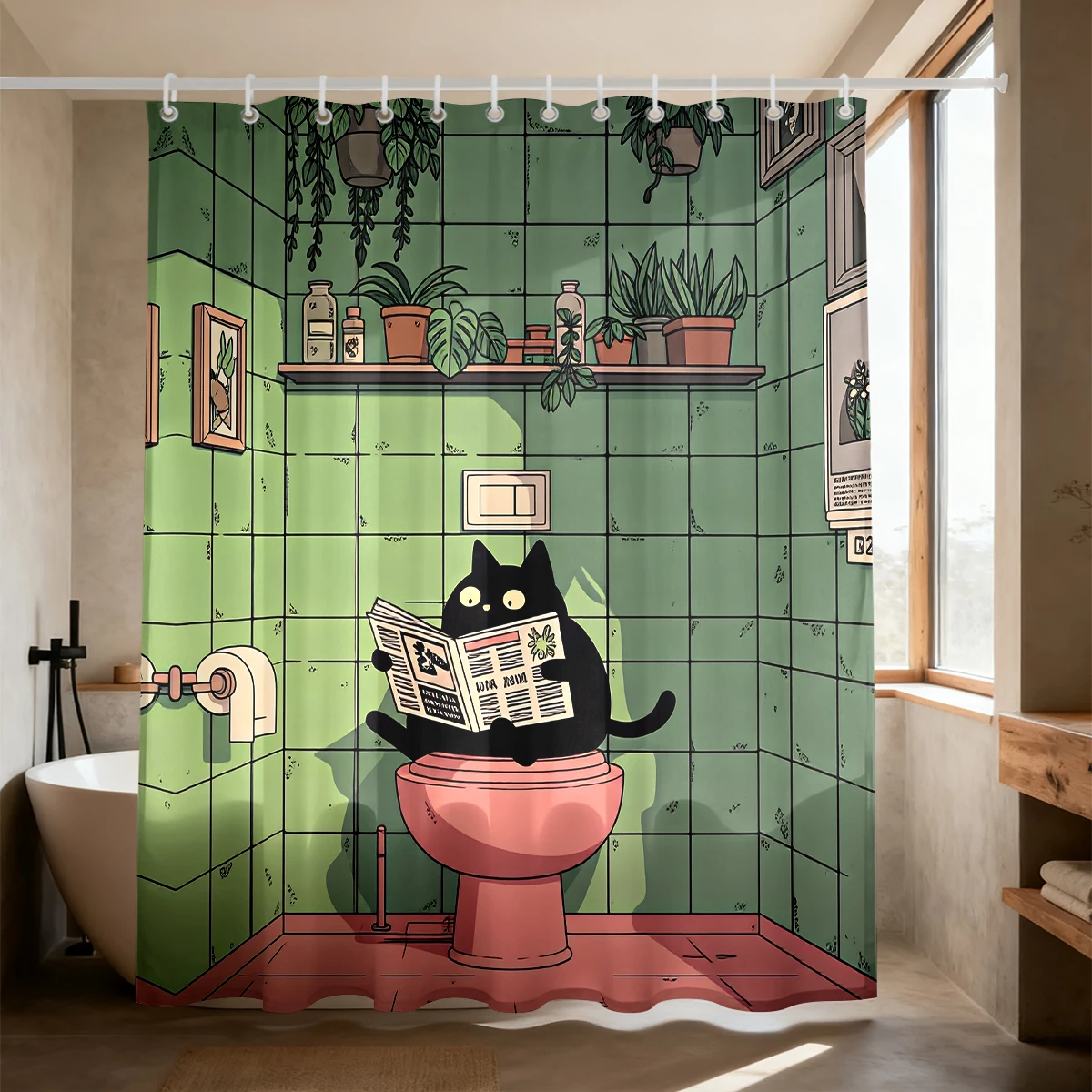 1PC Retro Bathroom Newspaper Reading Black Cat Shower Curtain, Waterproof Shower Curtain, Partition and Privacy Hanging Curta