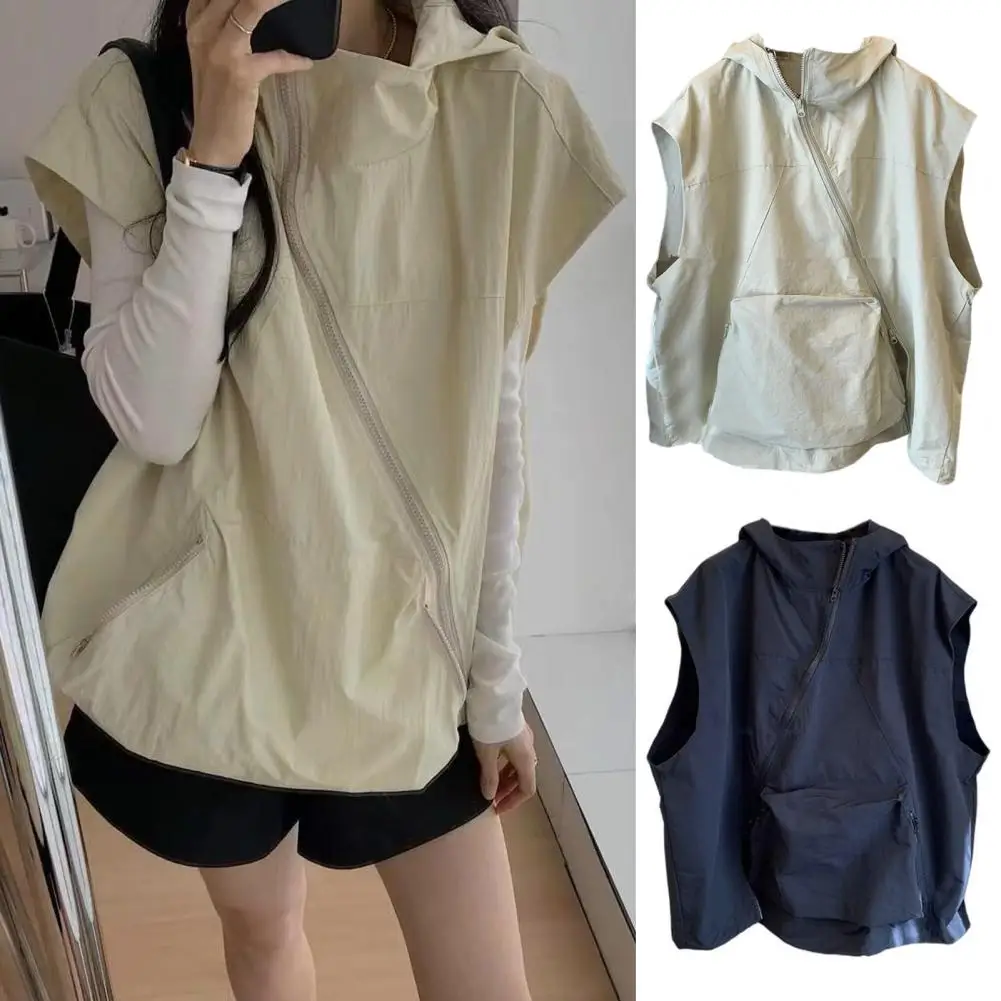 Women Hooded Vest Stylish Women's Summer Hooded Vest with Diagonal Zipper Sun Protection Pocket Casual Breathable for Outdoor