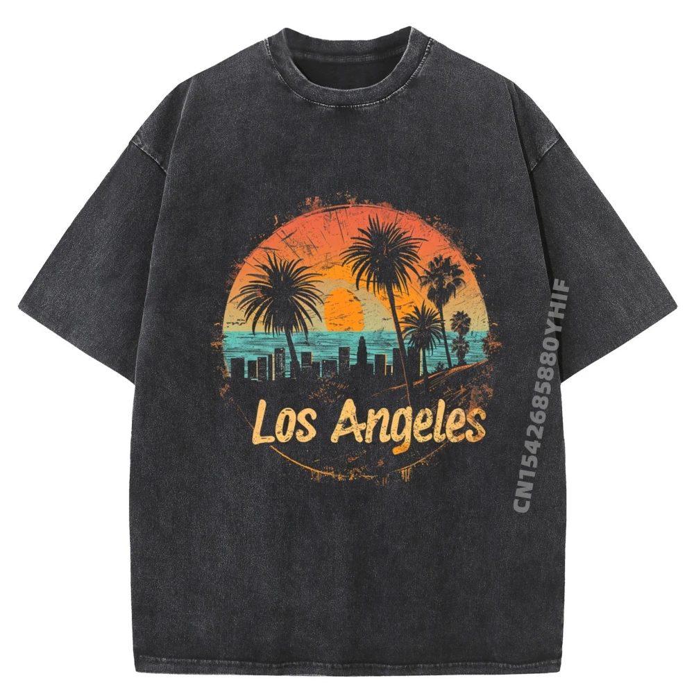 

LA Los Angeles CaliFornia CA Vintage 70s 80s Beach Palm Tree Graphic T Shirts Men's Retro Washed T-Shirts
