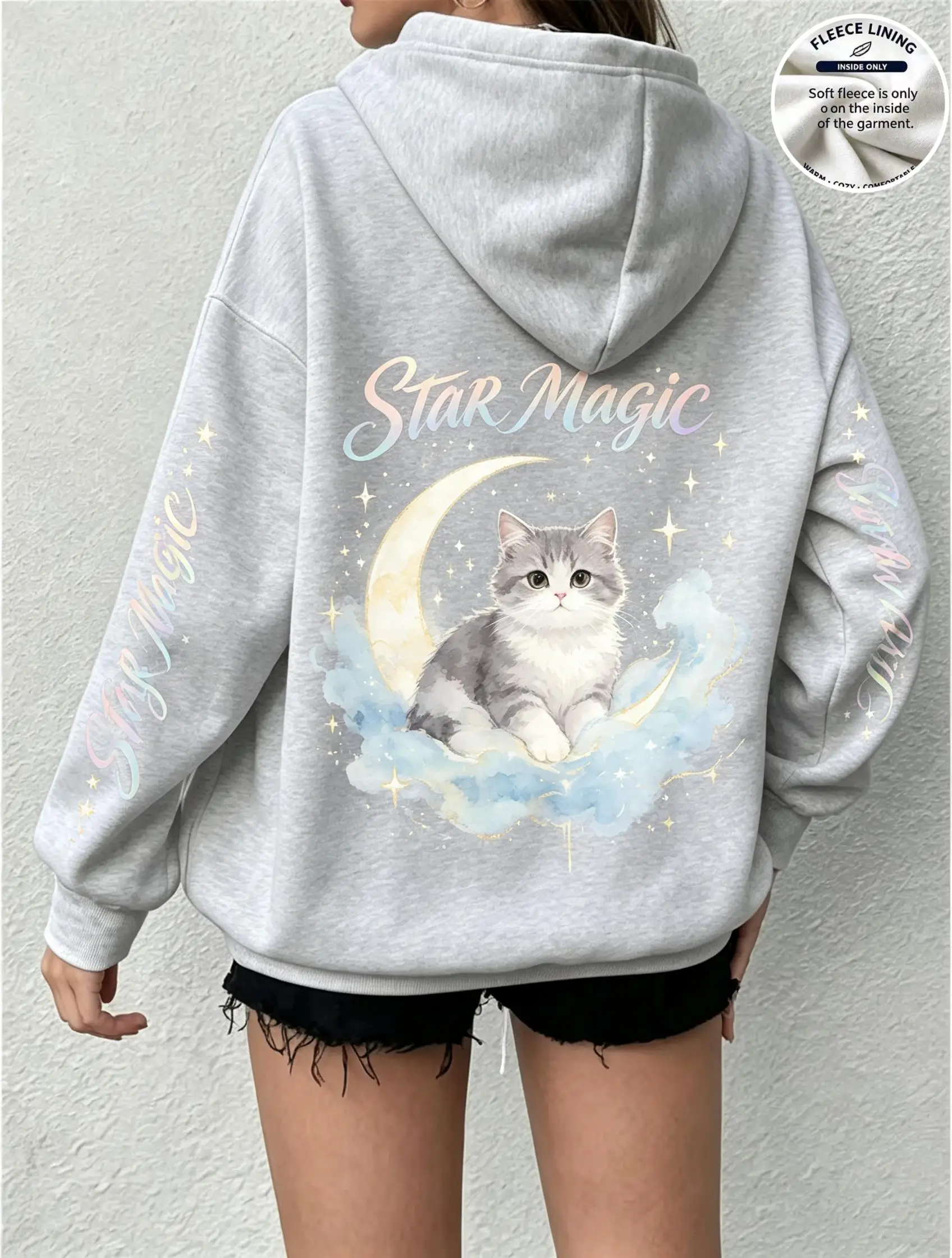 Women Fleece Hoodie Star Magic Moon Cat Back Print Long Sleeve Loose Sweatshirt