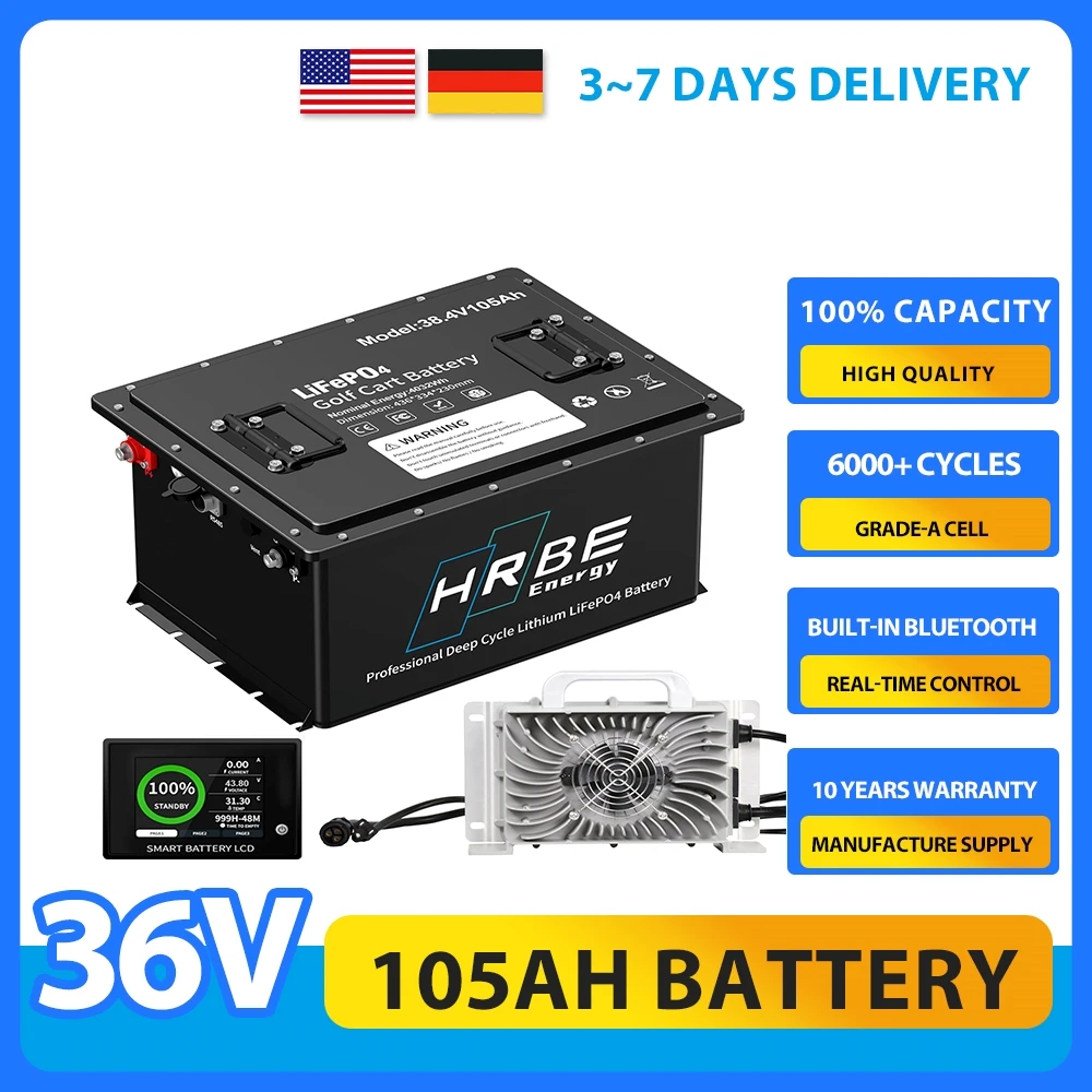 36V 105Ah Lithium Golf Cart Batteries,4032WH Built-in BMS with 18A Battery Charger,6000+ Cycles Rechargeable LiFePO4 Battery