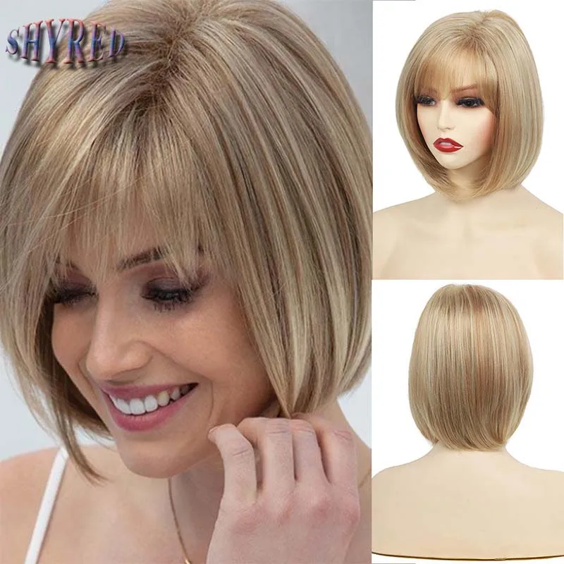 

Synthetic Blonde Wigs Straight Short Bob Cut with Bangs Wig for White Women Daily Party Cosplay Heat Resistant Hair