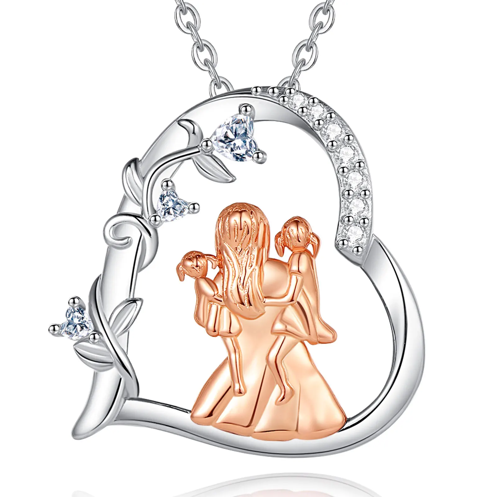 Eudora 925 Sterling Silber Mutter Baby Familie Halskette Rosy Gold Zirkon Herz Anhänger Frau Exquisite Schmuck Mutter Tag Geschenk