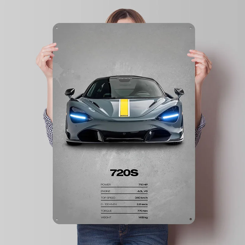 Sport 720S Spezifikationen Auto Gedrucktes Poster Personalisierte Wandkunst Retro Vintage Metallblechschilder für Garage Bar Zubehör Badezimmer Dekor