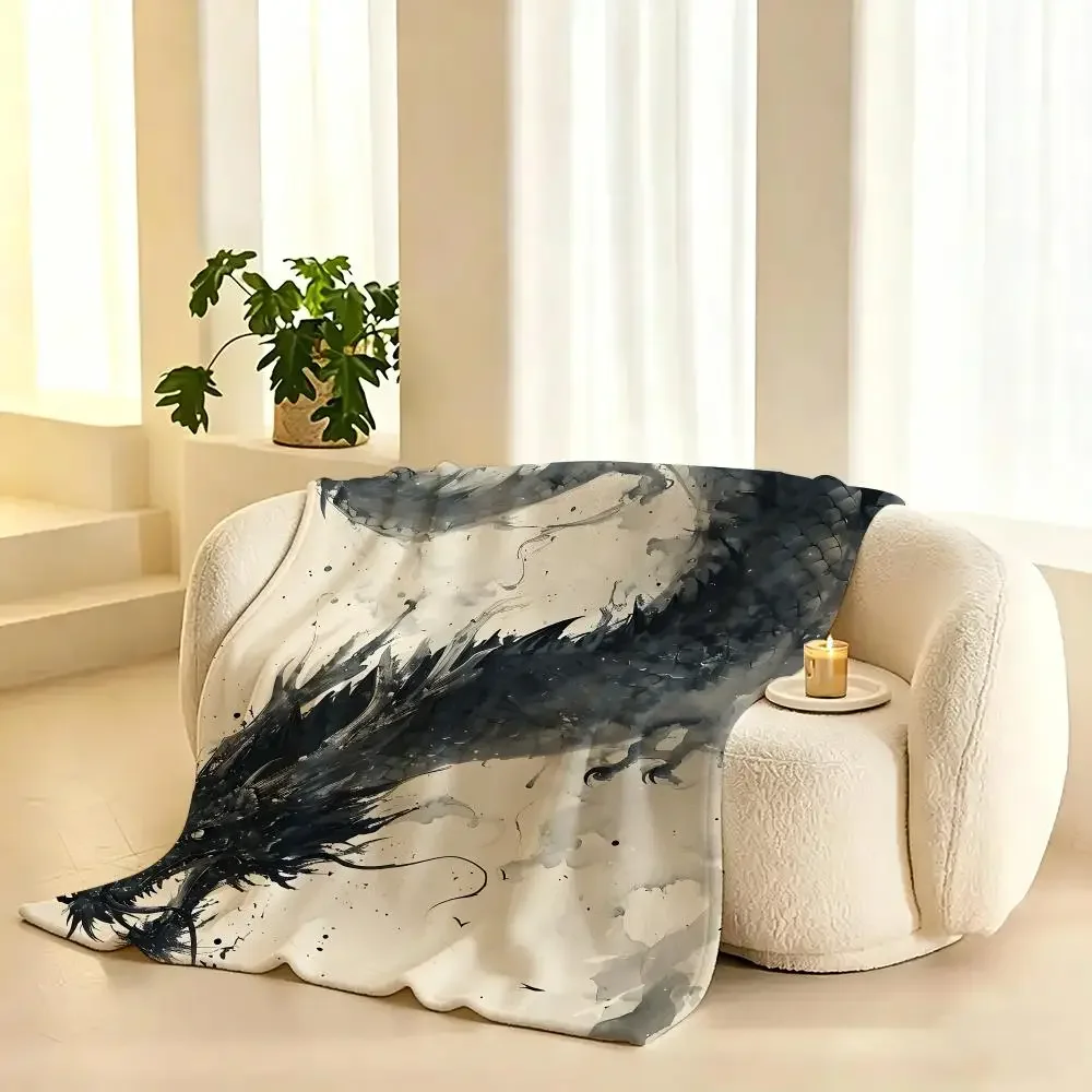 Asian Ink Style Dragon Shadow Throw  flannel blanket, suitable for sofas, beds, offices,  exquisite gift blankets