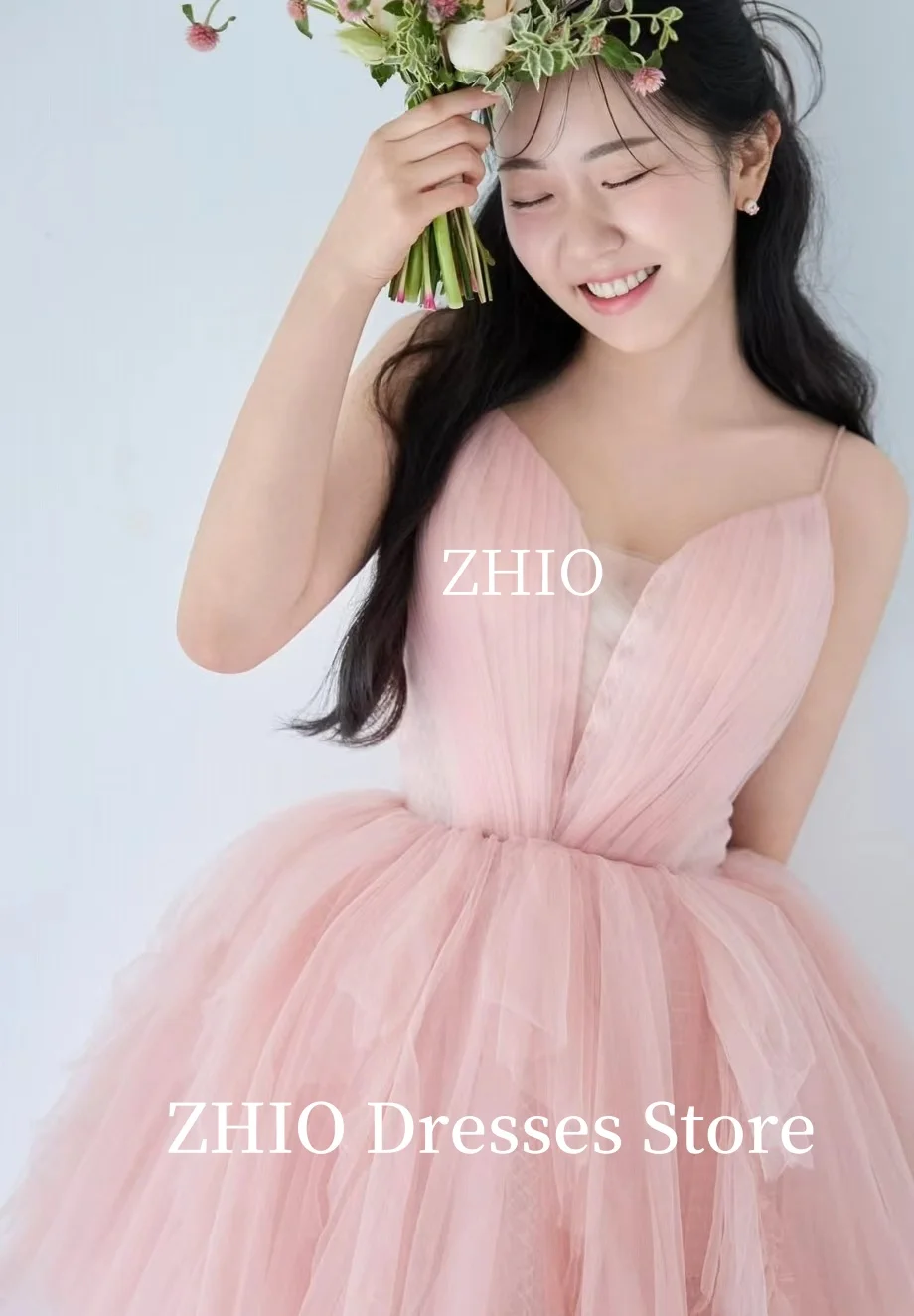 ZHIO Elegant Pink Wedding Party Dress Spaghetti Strap A-Line Draped Tulle Korea Photo Shoot Bridal Reception Gowns Customized