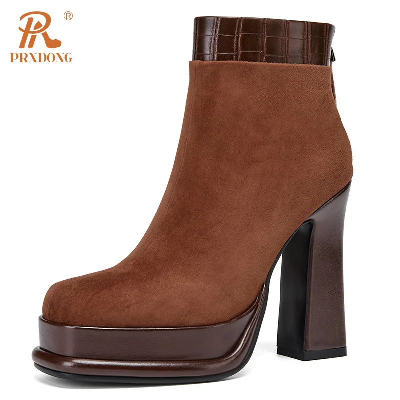 PRXDONG New Brand Genuine Leather SHoes Woman Ankle Boots CHunky High Heels Platform Black Brown Dress Party Lady Shoes Size 39