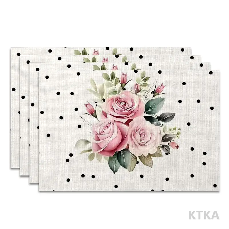 4Pcs, Polka Dot Pink Rose French Retro Placemats, the Best Placemats, Washable, Suitable for Holiday Parties, Home Decor, Kitchen Tables, Rectangular Dining Rooms, Making Your Dining Room and Kitchen More Beautiful, a Birthday Gift and Housewarming Party Gift for Family and Friends