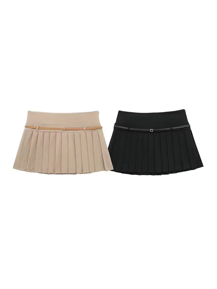 

Willshela Women Fashion With Belt Solid Pleated Side Zipper Mini Skirt Shorts Vintage High Waist Female Chic Lady Shorts