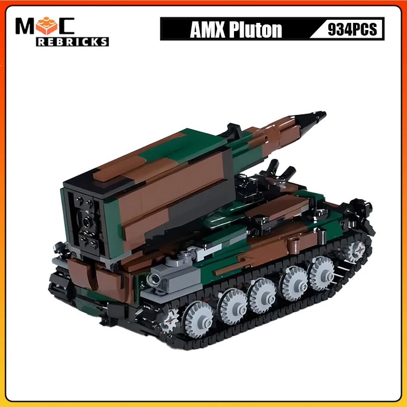 Military Panzer AMX Pluton Nuclear Armament Tactical  Missile Tank Heavy Armor Vehicle Building Blocks Assembly Model Kids Toys