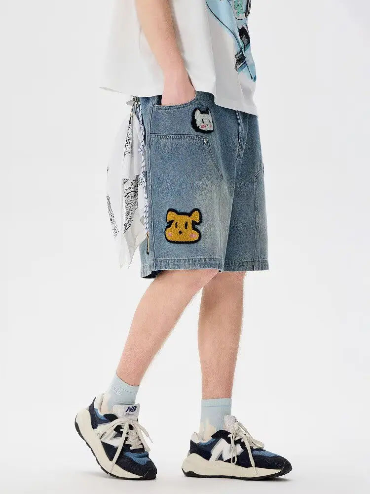 Summer Women's Cute Pattern Embroidered Denim Shorts Knee Length Streetwear Female Young Girls Mini Trousers High Waist Pants