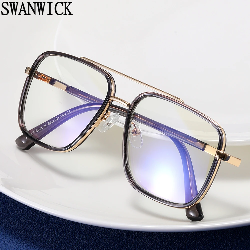 Swanwick fashion big glasses frame for men metal anti blue light glasses square vintage TR90 black brown male clear lens