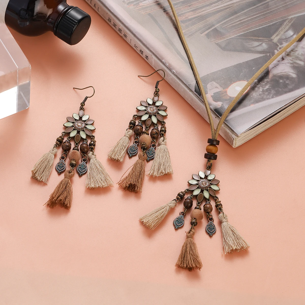 Bohemian Ethnic Petal Long Tassel Earrings Necklace Set Women's Vintage Dangle Earrings Charm Pendant Part Jewelry