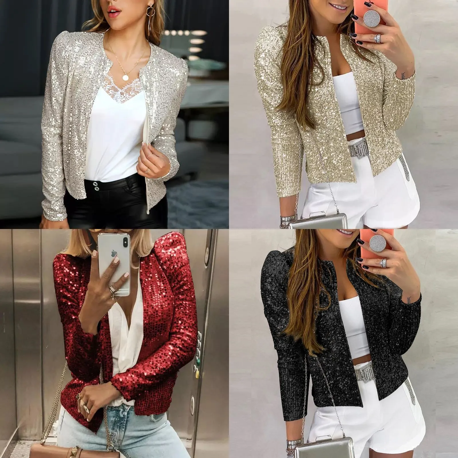 Women's Jacket Trendy Casual Sequin Color Block Short Length Top Women Jackets Spring Summer Blouse Shirt Outerwear