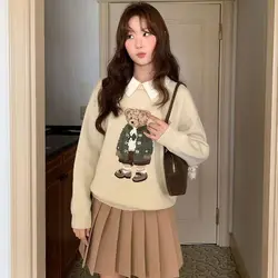 Gaganight Women Little Bear Jacquard Sweater 2025 Autumn New Color Contrasting Collar Fake Two Piece Set Soft Sticky Knitted Top