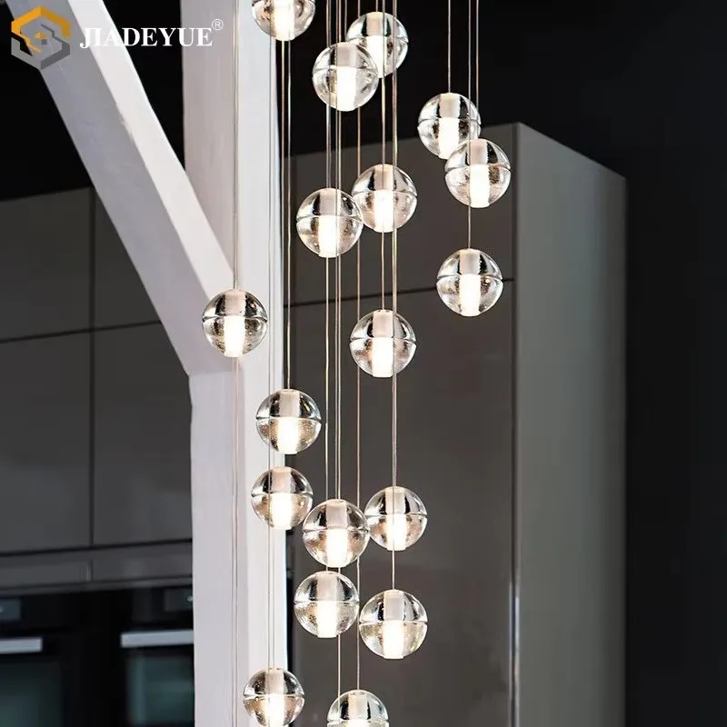 Stair chandelier long rope hanging crystal glass ball chandelier creative meteor shower restaurant interior decoration bar