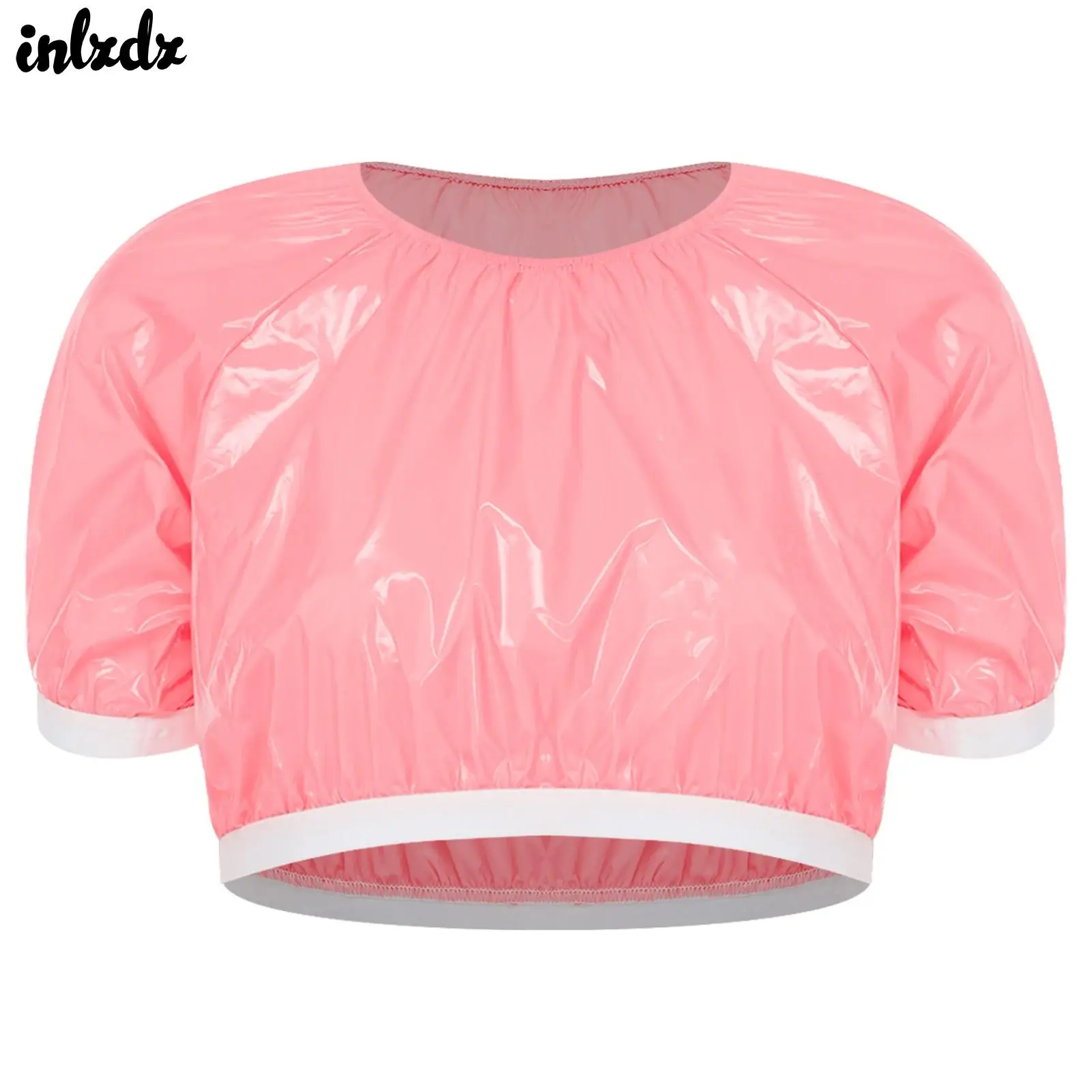 Womens Special Needs Glossy Swim Crop Top Swimsuit Waterproof Trims Short Sleeve Pullover Vinyl T-shirt for Athletic Training
