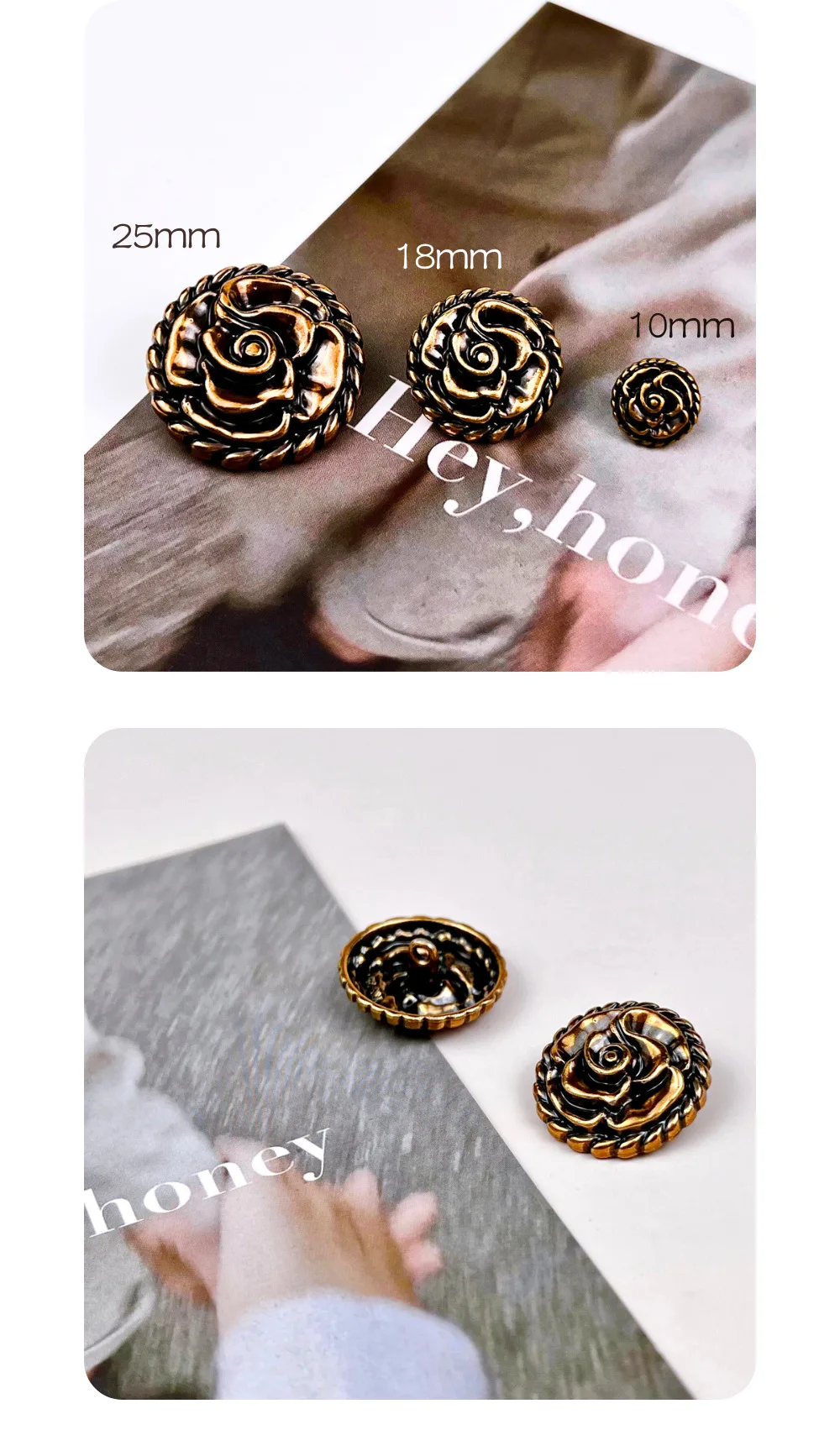 10 Stück Metallknöpfe, Kleidungszubehör, Schnitzerei, Blumenformen, dekorative Knöpfe, DIY-Handwerk, Nähzubehör, Retro-Rundknopf – Detail 3