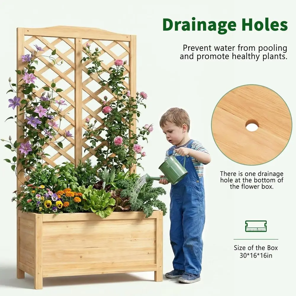 

Elevated Wooden Garden Bed with Trellis Drainage-Equipped Planter for Climbing Vines And Herbs Ideal